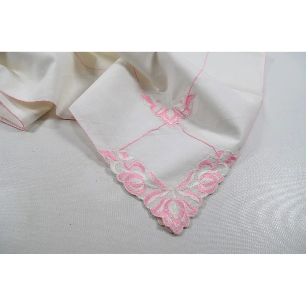 Vintage White Floral Tablecloth with Pink Roses and Line Accents 50x50